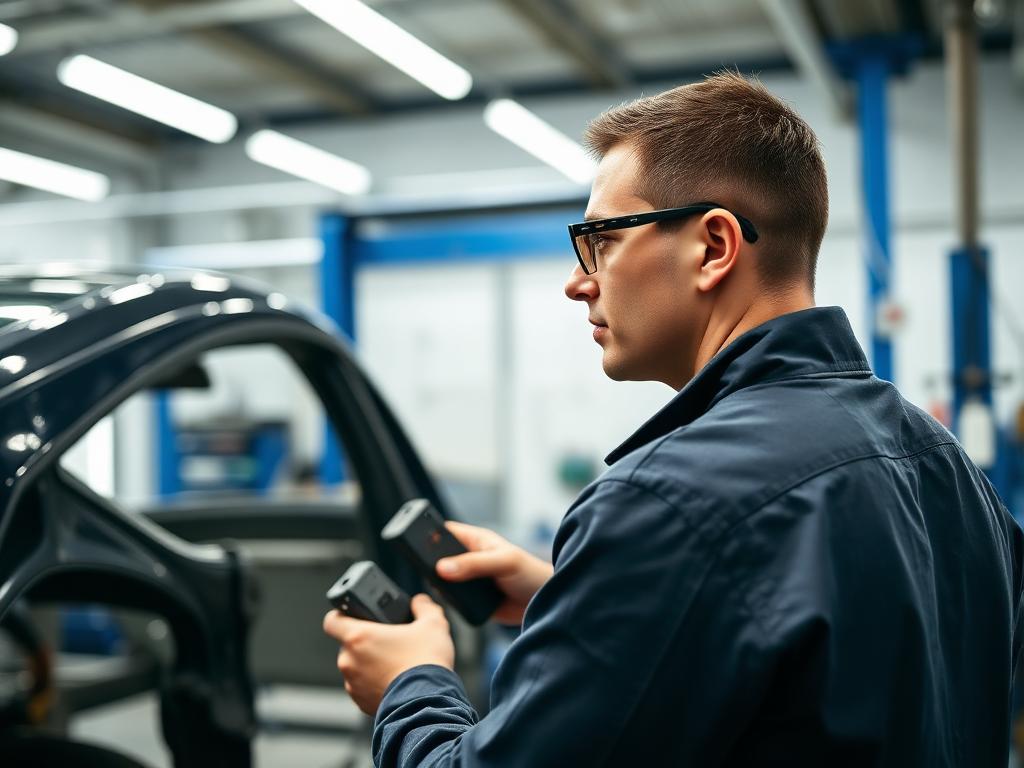 Auto body technician repairing a vehicle in a modern shop