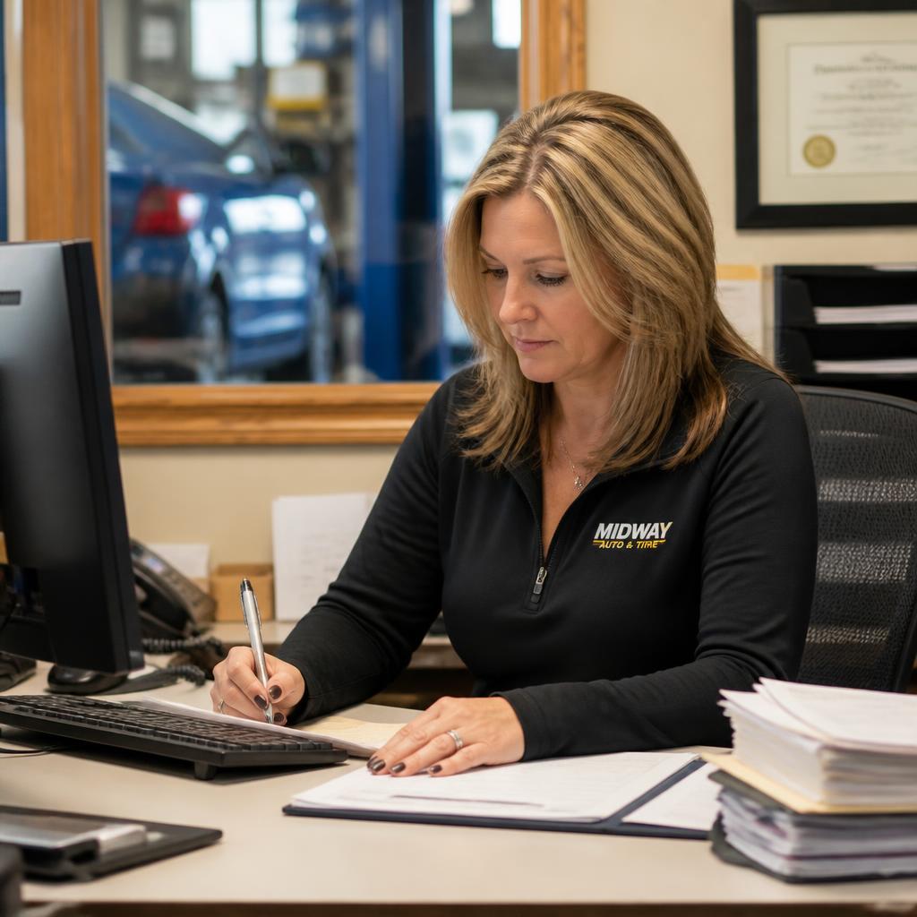 Bookkeeper working at a computer in an auto shop office
