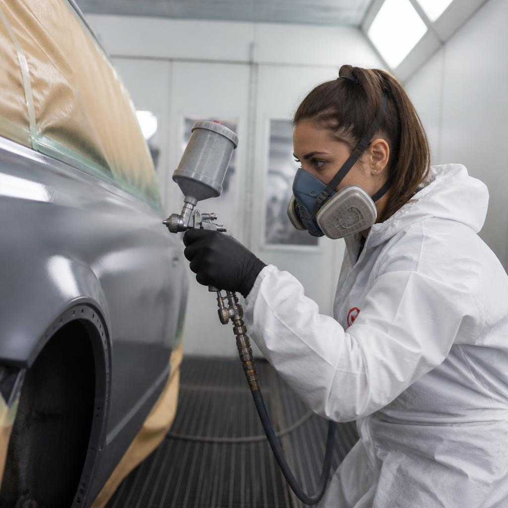 Automotive painter refinishing a vehicle in a paint booth